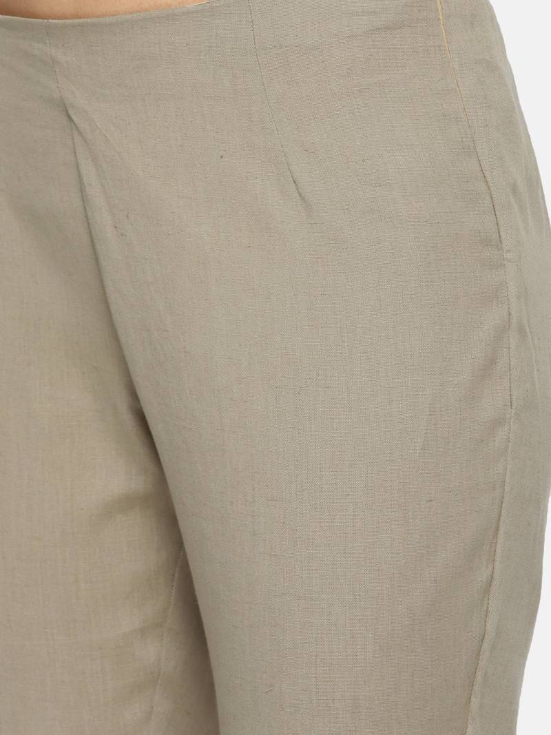 Women Olive Green Slim Fit Solid Cropped Cigarette Linen Trousers