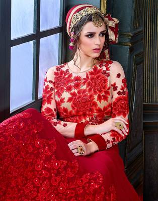 Red embroidered georgette salwar 4
