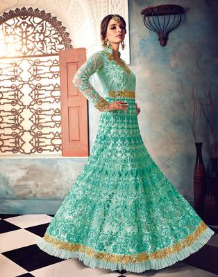 Sky-blue embroidered net salwar 3