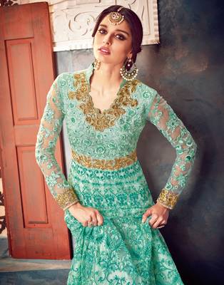 Sky-blue embroidered net salwar 4