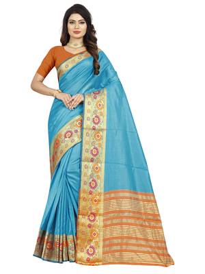Light blue plain cotton silk saree with blouse 1