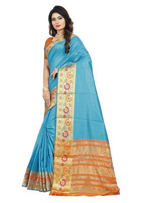 Light blue plain cotton silk saree with blouse 2