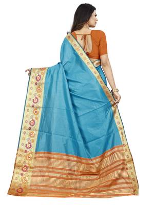 Light blue plain cotton silk saree with blouse 3