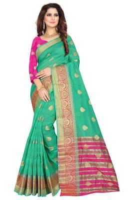 Sea green plain cotton silk saree with blouse 1