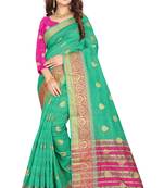 Sea green plain cotton silk saree with blouse