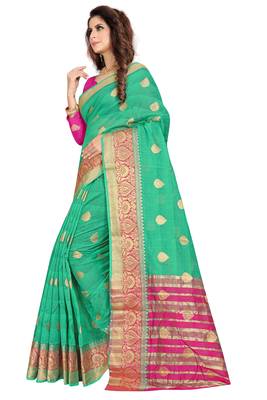 Sea green plain cotton silk saree with blouse 2