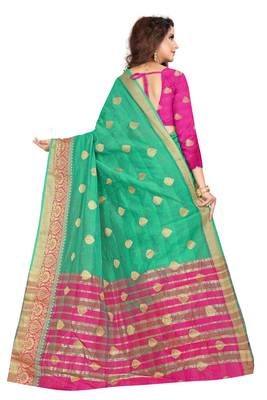 Sea green plain cotton silk saree with blouse 3