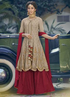 Beige Thread Embroidery Georgette Salwar 1