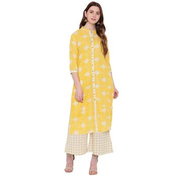 Yellow printed cotton kurtas and kurtis 1