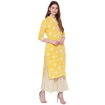 Yellow printed cotton kurtas and kurtis 4