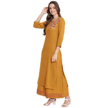Yellow embroidered rayon kurtas and kurtis 3