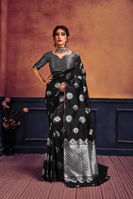 Black printed banarasi silk saree with blouse 1