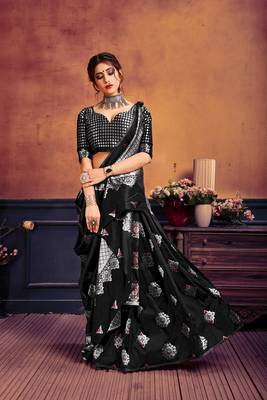 Black printed banarasi silk saree with blouse 2