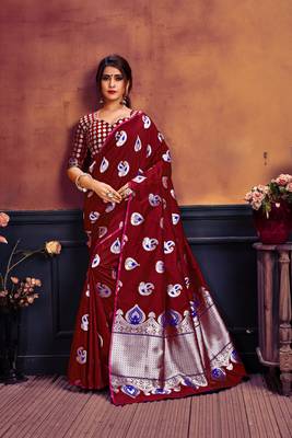 Red printed banarasi silk saree with blouse 1