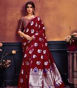 Red printed banarasi silk saree with blouse