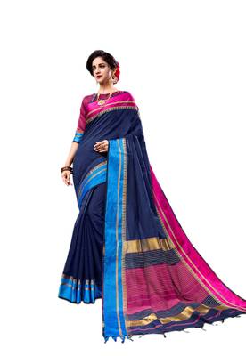 Navy blue woven cotton silk saree with blouse 1