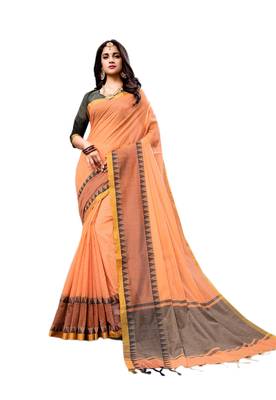 Peach woven cotton silk saree with blouse 1
