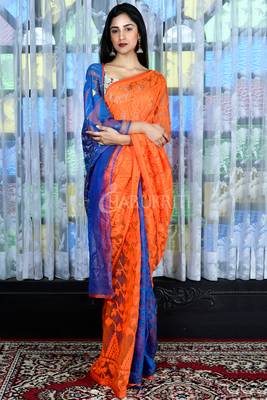 Orange And Blue Jamdani With All Over Thread Weave 1