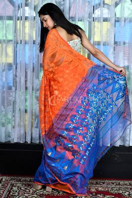 Orange And Blue Jamdani With All Over Thread Weave 3