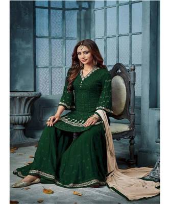 Green Embroidered Faux Georgette Semi Stiched Salwar With Dupatta 2