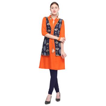 Orange printed rayon party wear kurtis 1