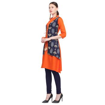 Orange printed rayon party wear kurtis 3