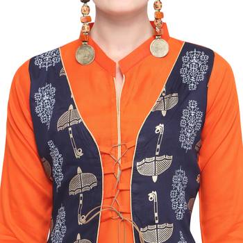 Orange printed rayon party wear kurtis 5