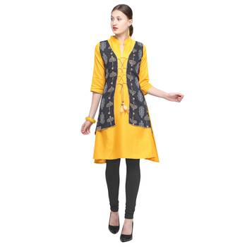 Yellow printed rayon party wear kurtis 2