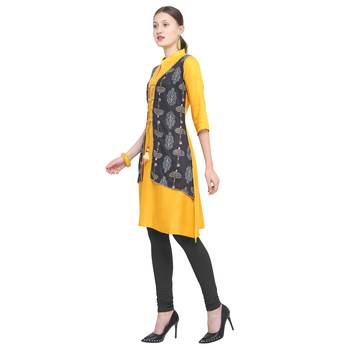 Yellow printed rayon party wear kurtis 3