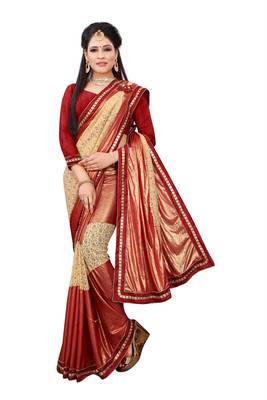 Beige  woven lycra saree with blouse 1