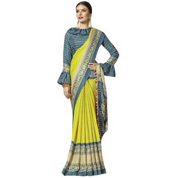 Yellow printed cotton saree with blouse 1