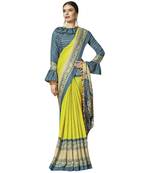 Yellow printed cotton saree with blouse