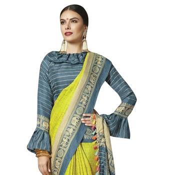 Yellow printed cotton saree with blouse 2