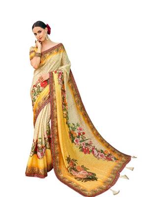 Cream printed banarasi silk saree with blouse 1
