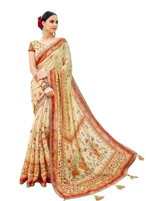 Cream printed banarasi silk saree with blouse 1