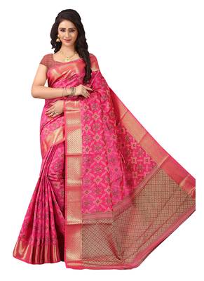 Dark pink woven silk blend saree with blouse 1