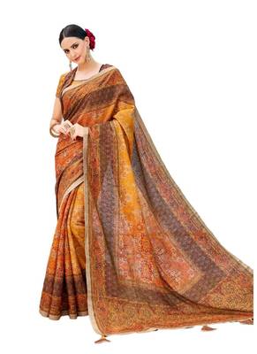 Light brown printed banarasi silk saree with blouse 1