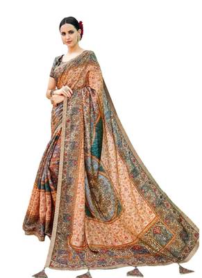 Multicolor printed banarasi silk saree with blouse 1