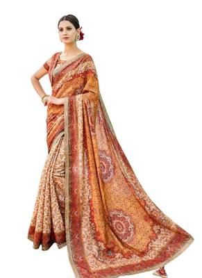 Orange printed banarasi silk saree with blouse 1