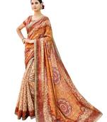 Orange printed banarasi silk saree with blouse