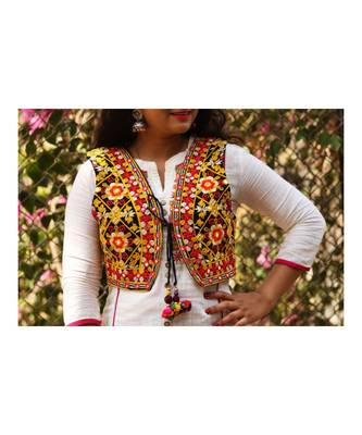 Yellow Base With Colorful Flower Kutch Embroidered Koti With Pompom Tassels 1