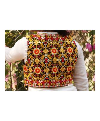 Yellow Base With Colorful Flower Kutch Embroidered Koti With Pompom Tassels 2