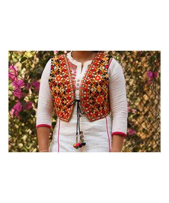 Orange Base With Colorful Flower Kutch Embroidered Koti With Pompom Tassels 1