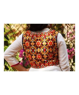 Orange Base With Colorful Flower Kutch Embroidered Koti With Pompom Tassels 2