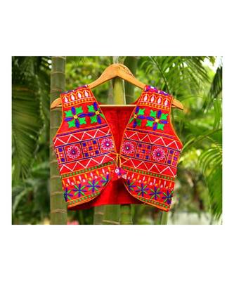 Red Base Rangoli Pattern Both Side Worked Kutch Embroidered Cotton Koti 1
