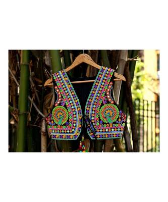 Multicolored Kutch Embroidered Peacock Pattern Foil Mirror Short Sleeveless Koti 1