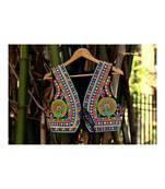 Multicolored Kutch Embroidered Peacock Pattern Foil Mirror Short Sleeveless Koti