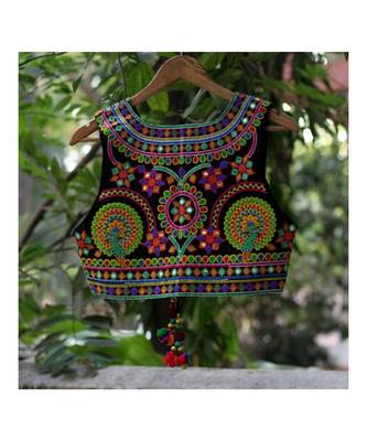Multicolored Kutch Embroidered Peacock Pattern Foil Mirror Short Sleeveless Koti 2