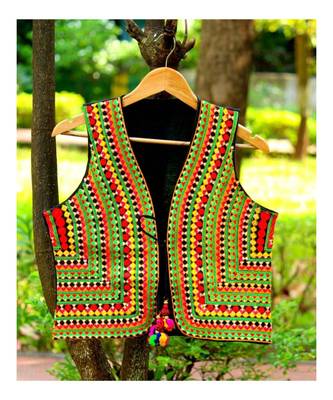 Multicolored Kutch Embroidered Long Koti  With Pompom Tassels 1