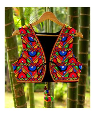 Black Base Multicolored Half Flower Pattern Short Cotton Kutch Embroidered Koti 1